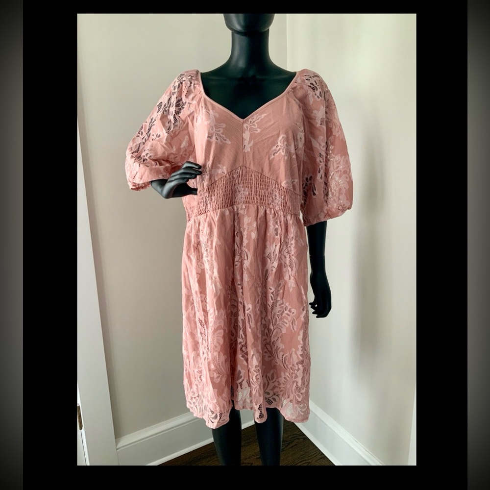 Suzanne Betro NWT smocked lace overlay empire waist baby doll dress, dusty pink